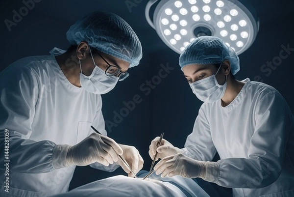 Obraz Surgical Team in Operation: Two focused surgeons perform a delicate surgical procedure under bright operating room lights, their concentration and precision evident in their focused expressions.