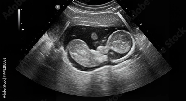Fototapeta Ultrasound image of twins in the womb captured in black and white on a dark background with copy space