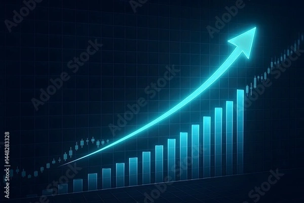 Fototapeta Digital futuristic financial graph and glowing upward arrow symbolizing successful investment strategies, economic expansion, and innovative market analytics visualization.