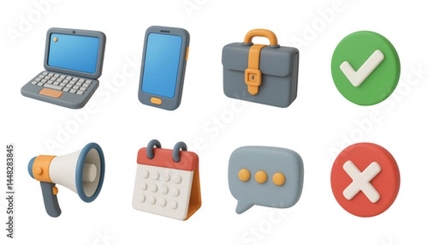 Fototapeta 3D Office Icons Set – Laptop, Phone, Briefcase, Checkmark, Bullhorn, Calendar, Chat Bubble, Cross