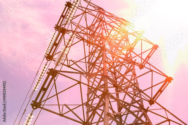 Fototapeta Electric power transmission tower with cables connected