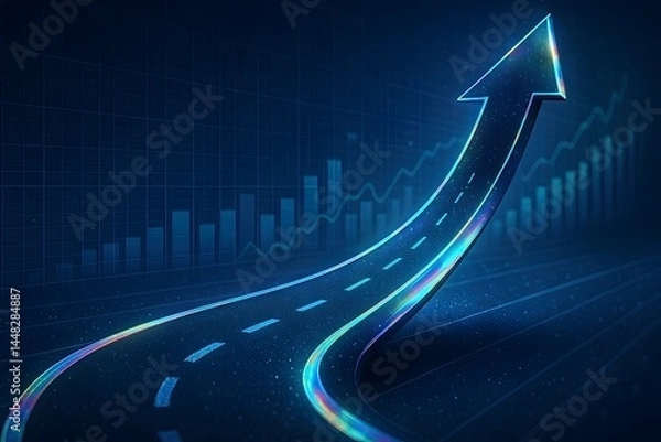 Obraz Digital neon arrow dynamically rising over futuristic financial charts, vibrant illustration of economic expansion, market growth, and advanced business analytics.