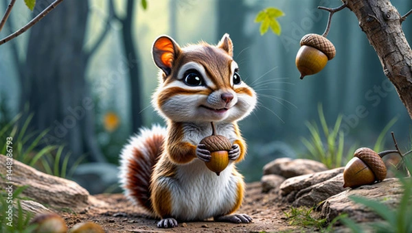 Fototapeta AI-generated images of a storybook character, 3D animation-style, a cute, playful baby Chipmunk