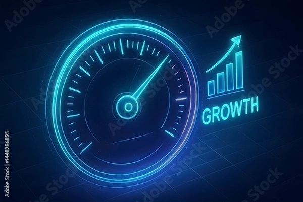 Obraz Futuristic neon speedometer illustrating rapid business growth, digital economic success visualization with rising financial chart and upward arrow concept.