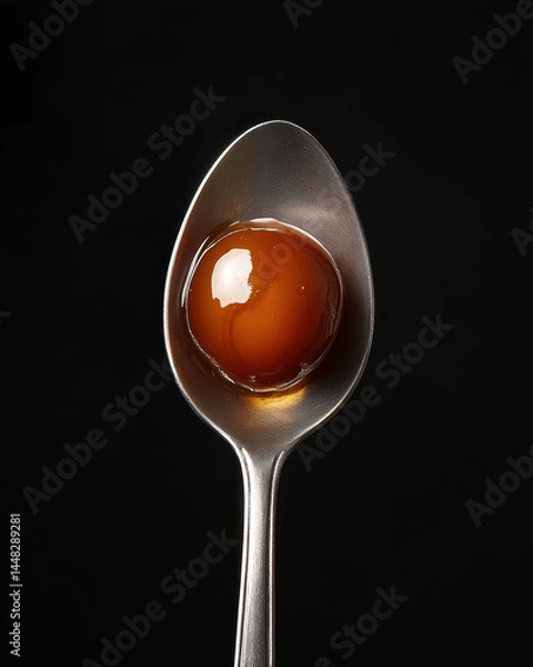 Fototapeta Close-up View of a Single Dark Brown Gulab Jamun on a Silver Spoon Against a Black Background