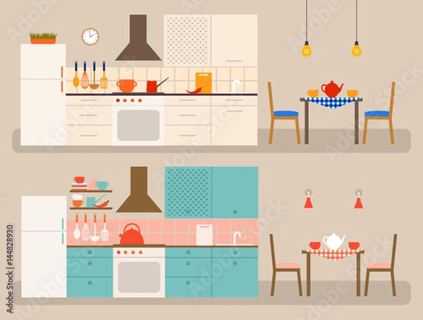 Obraz Vector interiors of kitchen. Two color variants. Dining places