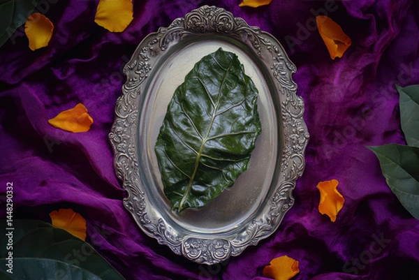 Fototapeta Single Paan Leaf Presented Elegantly on a Silver Platter Surrounded by Colorful Petals