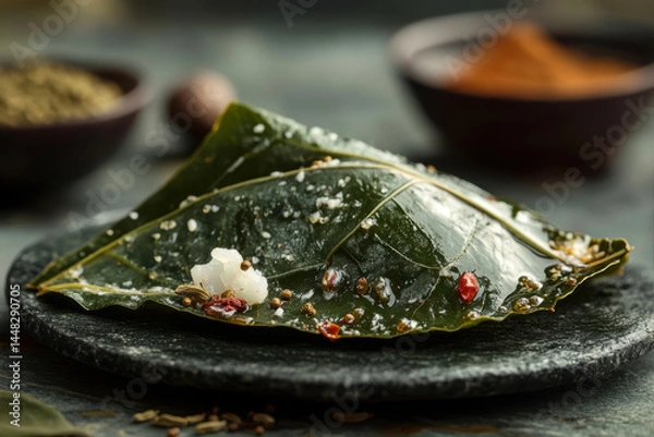 Fototapeta Close-up View of a Single Paan Betel Leaf With Spices Arranged on a Plate