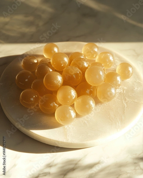Fototapeta Soft Golden Translucent Spheres Arranged on a Marble Surface With Natural Light