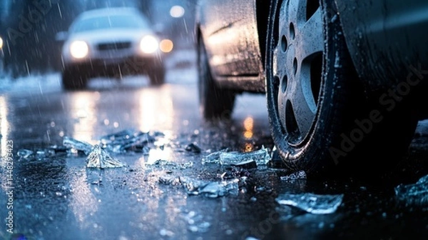 Fototapeta Close-up of a damaged car bumper with shattered glass on a wet road, depicting a car accident scene. Concept of vehicle collision, road safety, and emergency situations