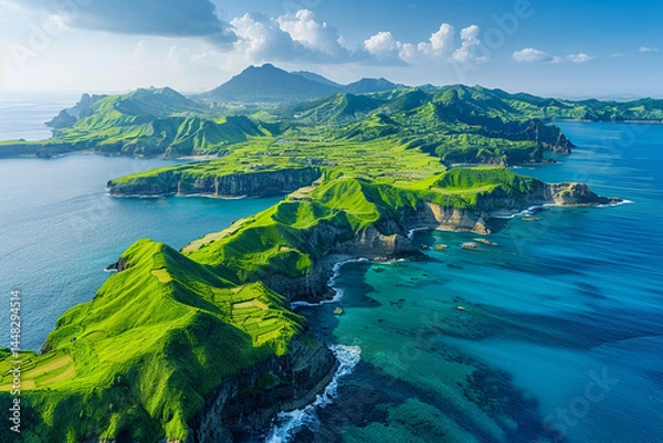 Fototapeta Adorable  stunning topography of adorable  islthe beautiful tapestry of geography luse, showcasing adorable  harmonious relationship between humans nature, all seamlessly connected viewed from the cel