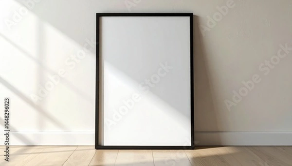 Fototapeta Empty Black Frame On White Wall With Sunlight