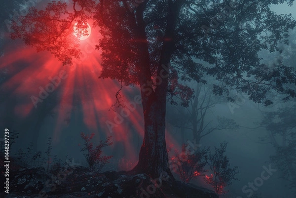 Fototapeta Enhance eerie ambiance with vibrant red moonlight shining through foggy woodland, creating a mystical and enchanting scene    