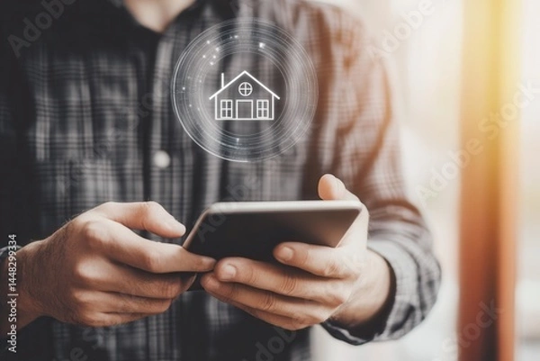 Fototapeta Man using smartphone to control smart home features with digital interface in background