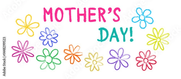 Fototapeta Mothers Day crayon art banner, Mom cute child font, text Mama with flower colorful chalk, cartoon kid watercolor doodle, color paint brush spring holiday hand drawn on white bg. Vector illustration