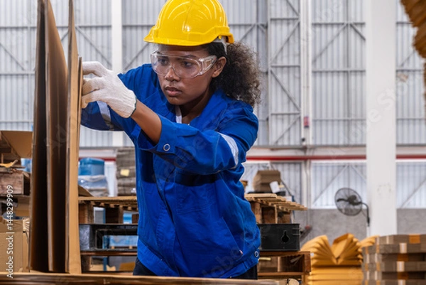 Obraz African american engineer woman wearing safety helmet and vest working with card box in paper warehouse Products and corrugated cardboard Factory female worker in the manufacture of paper