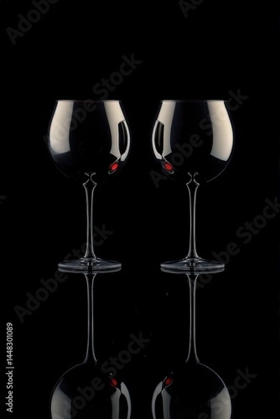 Obraz Elegant wine glasses with ruby-red liquid reflected in a dark, mirrored composition. A sophisticated and moody still life