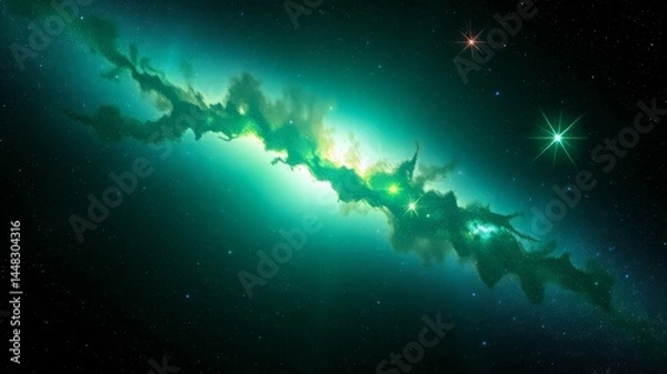 Fototapeta A vibrant green nebula glows intensely in the vast expanse of dark space, stars twinkling distantly in this cosmic scene.