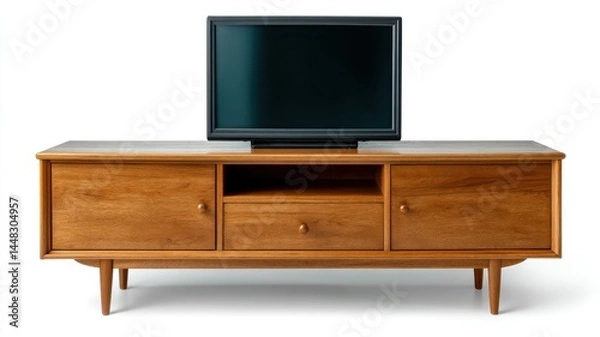 Obraz Mid century modern wooden timeless furniture TV stand with a flat-screen television on top, featuring storage compartments and a mid-century modern design.