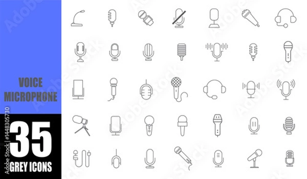 Obraz Voice microphone Pictogram grey line icons. Modern and old vintage mic icons. Podcast radio icons.