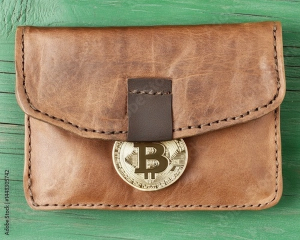 Fototapeta Handmade leather wallet with Bitcoin coin