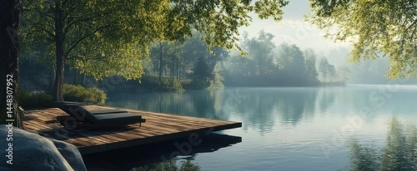Obraz Serene lakefront deck with tranquil trees