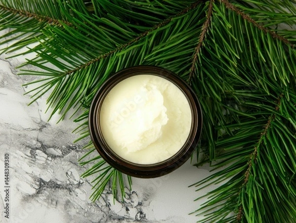 Obraz A glass jar of white balm sits on a marble surface, surrounded by green pine branches.