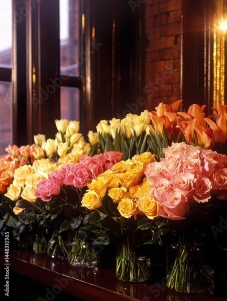 Obraz A vibrant display of colorful roses and tulips in glass vases arranged on a wooden counter by a window.