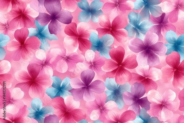 Obraz A vibrant pattern of pink, purple, and blue flowers overlapping on a soft, colorful background.