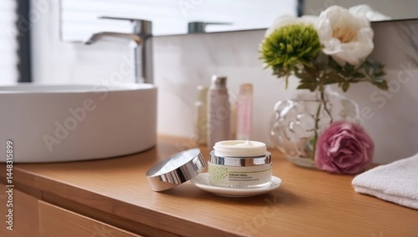 Fototapeta Cream jar on bathroom counter