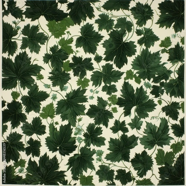 Fototapeta A seamless pattern of lush green leaves and vines on a light background, creating a dense, botanical design.