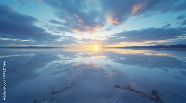 Fototapeta Aerial view of dramatic ocean sunset with colorful clouds reflecting on calm water surface, captured in wide-angle photography. Concepts: seascape, sunset, tranquility, nature, freedom, serenity