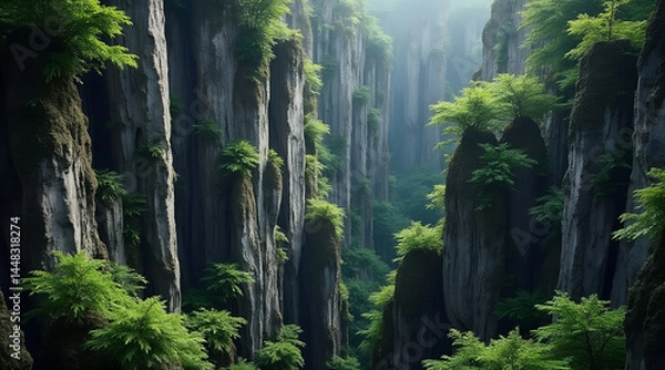 Fototapeta Vertical cliffs and lush tropical greenery in deep narrow canyon, stylized as a digital painting in fantasy style. Concepts: jungle, canyon, digital art, fantasy, nature, greenery, vertical.