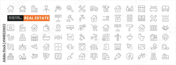 Fototapeta Set of 80 Real Estate line icons set. Real Estate outline icons with editable stroke collection. Includes House, Villa, Mortgage, Realtor, Amenities, and More.