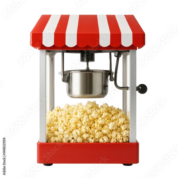Obraz Retro-style popcorn machine with striped awning, full of fluffy popped kernels, ready for movie night snacks.