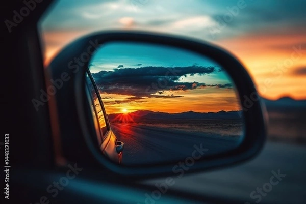 Fototapeta Mirror Rearview. Sunset Sky Reflecting in Car Rearview Mirror with Scenic Landscape