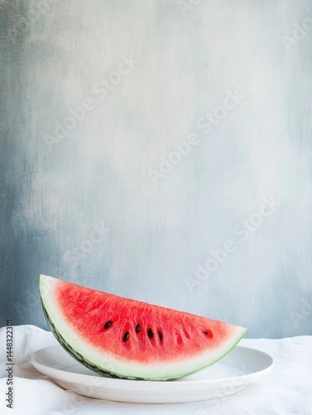 Fototapeta Large slice of watermelon positioned artistically on a white plate against a minimalist background emphasizing simplicity and freshness