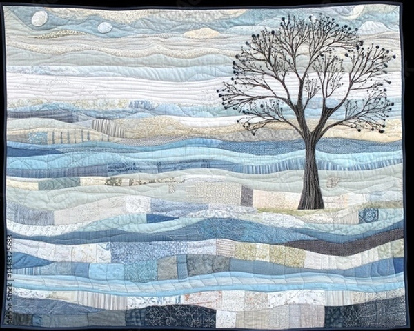 Fototapeta A serene, quilted landscape depicts a lonely tree standing amidst a vast, undulating field of pale blues and grays, reminiscent of a tranquil winter scene, with subtle textures and muted tones