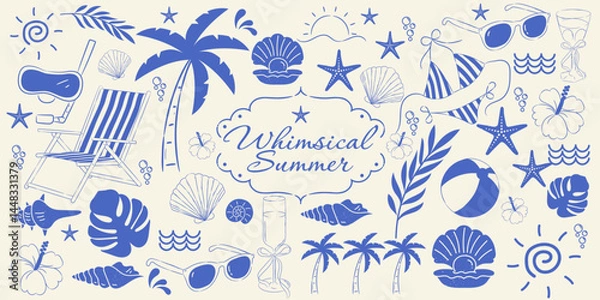 Obraz Whimsical summer set of doodle hand drawn objects. Vintage summer symbols. Vacations, tourism, logo, frame, divider, icon.