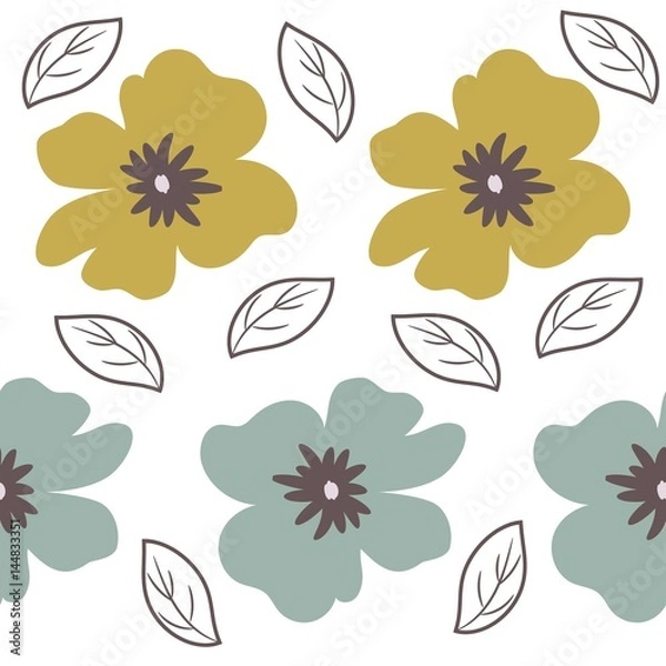 Fototapeta Seamless pattern with big flowers and leaves on a white background. It can be used for packing of gifts, registration of notebooks, diaries, tiles fabrics backgrounds. Vector illustration.