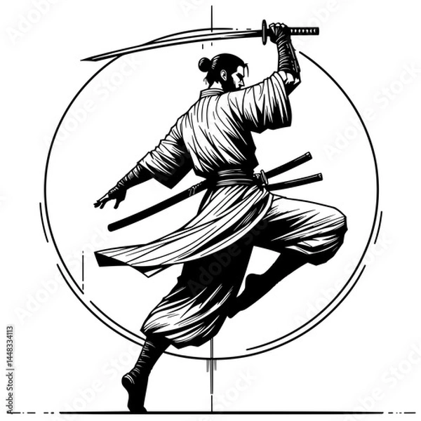 Obraz Samurai sword dancer performing dynamic moves in a circular design  