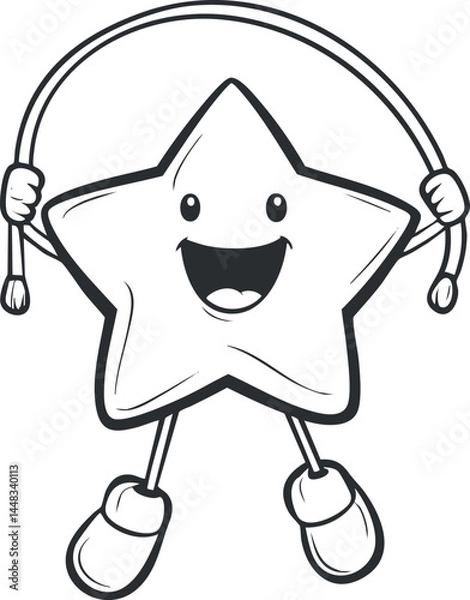 Fototapeta Cartoon star character happily jumping rope in playful and energetic exercise activity