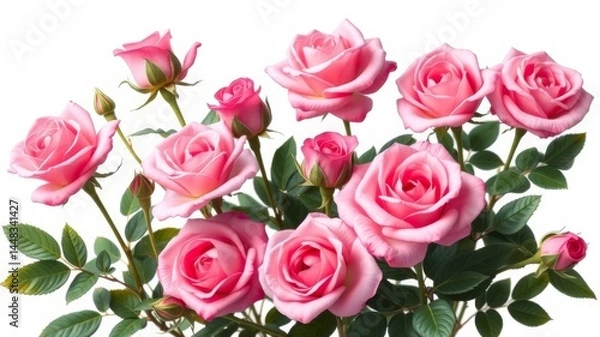 Fototapeta A delightful bouquet of pink roses with buds and green leaves is elegantly arranged against a pure white background.