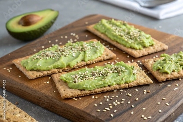 Fototapeta Whole wheat crackers with avocado and sesame seeds. A composition of crunchy whole wheat crackers with avocado spread and sesame seeds sprinkled on a wooden board.