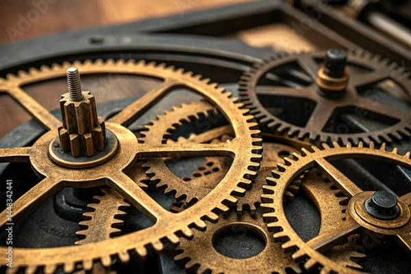 Obraz This close-up image captures a complex network of gears, evoking a sense of precision, intricacy, and mechanical functionality.