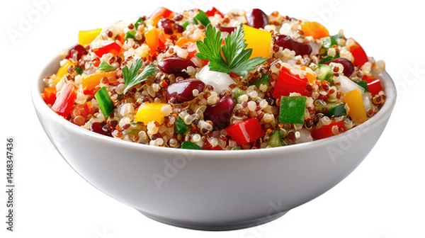 Obraz Quinoa Salad: A vibrant and nutritious quinoa salad in a white bowl, bursting with colorful bell peppers, kidney beans, and fresh parsley. Capturing the essence of health and culinary delight.