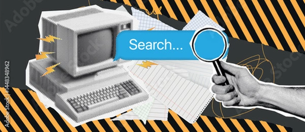 Fototapeta Retro style desktop computer, colorful vector illustration Trendy halftone collage with computer. search bar and cut out hands pointing on it on bold textured yellow background.