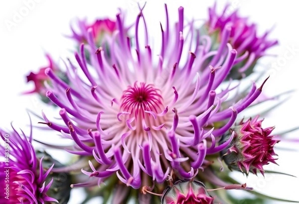 Fototapeta Close-up of a thistle flower, isolated on white, sharp, colorful
