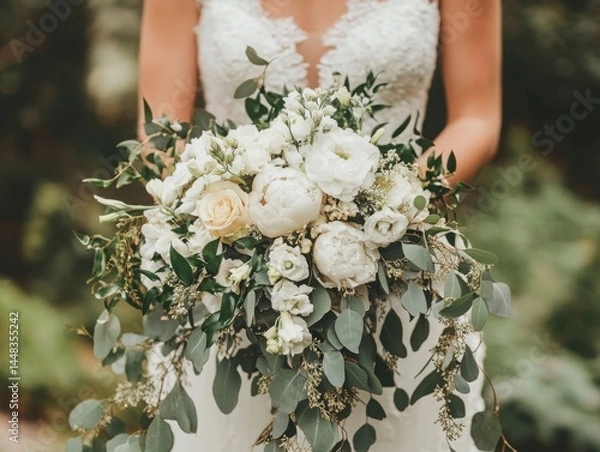 Fototapeta Stylish bouquet with cascading greenery, delicate white flowers, and subtle gold accents in a luxurious wedding setting, radiating refined elegance and upscale floral design in romantic atmosphere
