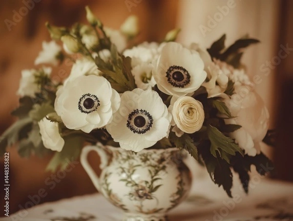 Fototapeta Vintage-inspired wedding bouquet with anemones and delicate greenery, placed in an antique porcelain vase, warm sepia-toned lighting, nostalgic and timeless feel